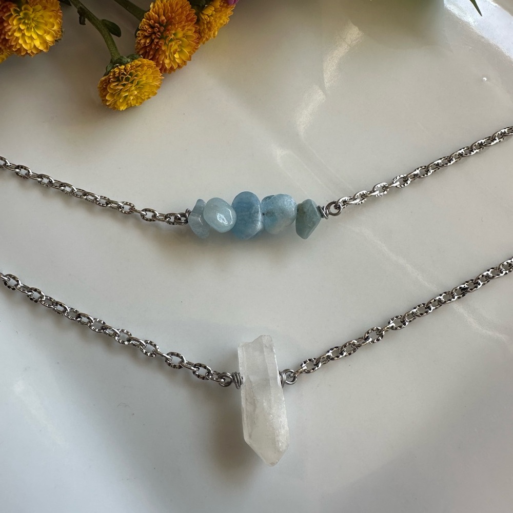 Aquamarine and Quartz Point Necklace Set